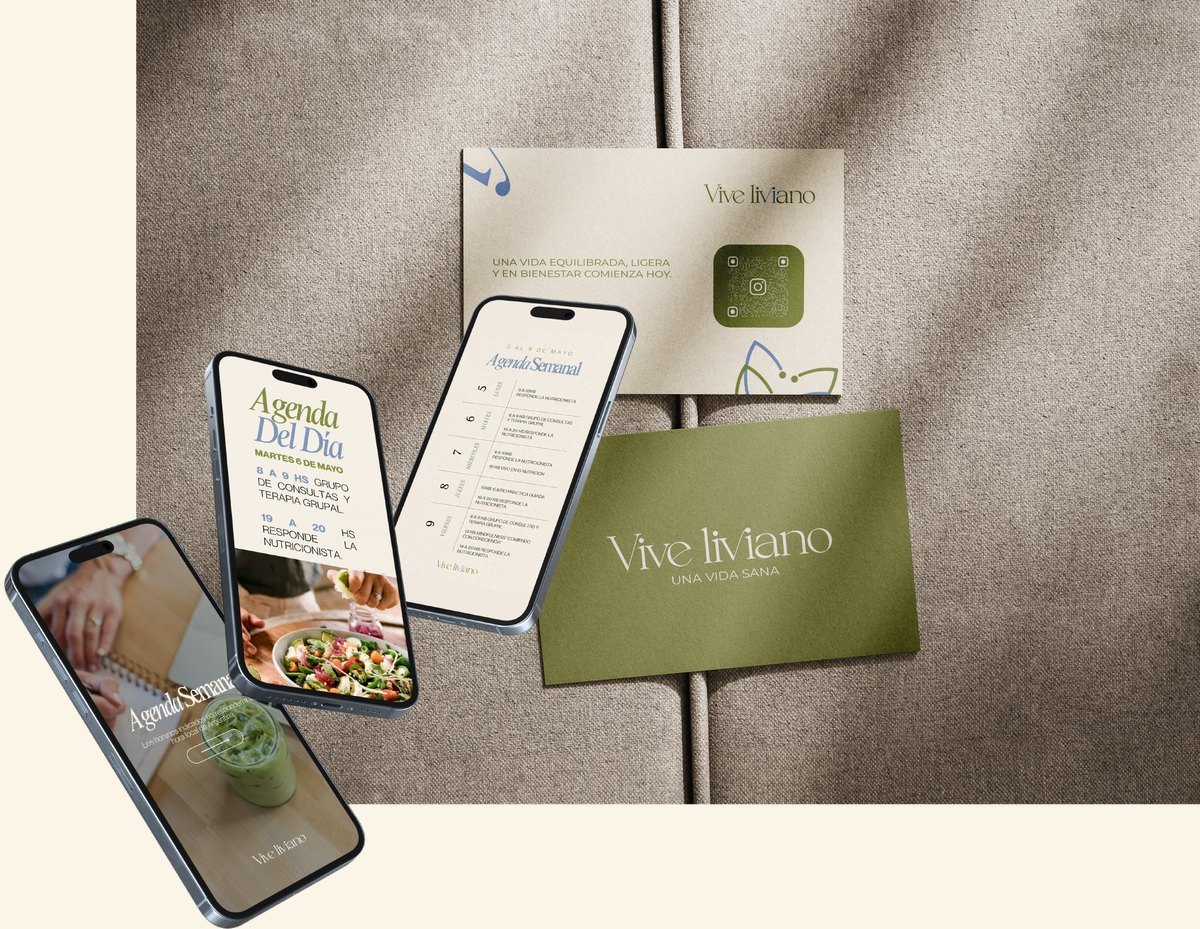 Plantillas de agenda para redes sociales de Vive Liviano, en celulares sobre las tarjetas de la marca